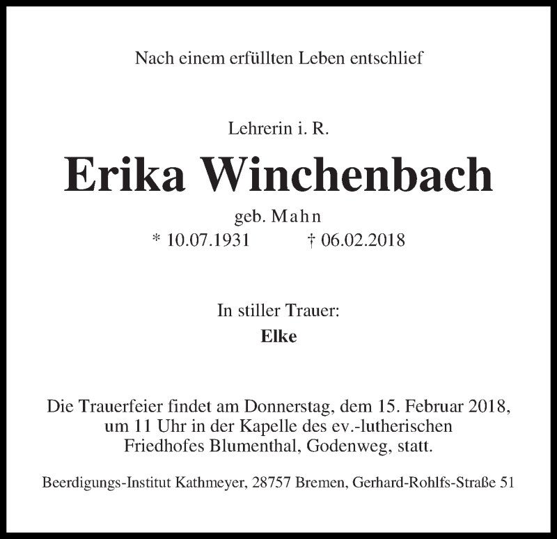Traueranzeige von Erika Winchenbach von Die Norddeutsche
