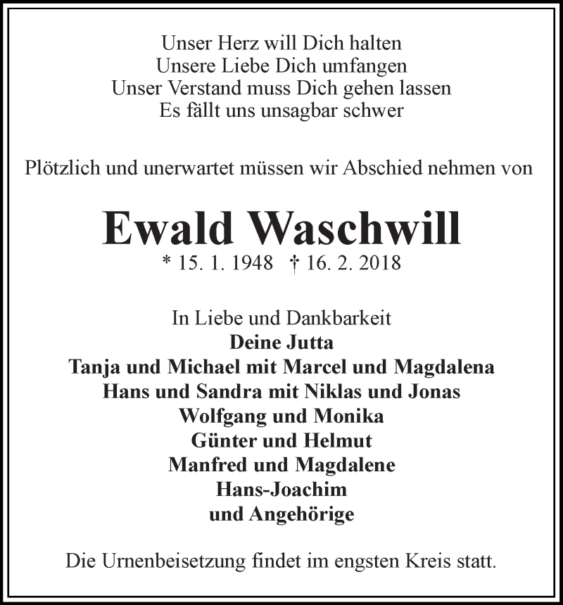 Traueranzeige von Ewald Waschwill von WESER-KURIER