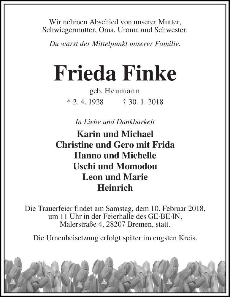 Traueranzeige von Frieda Finke von WESER-KURIER