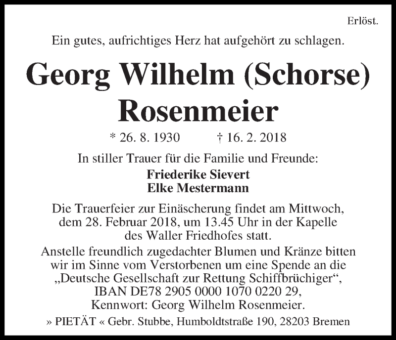Traueranzeige von Georg Wilhelm Rosenmeier von WESER-KURIER