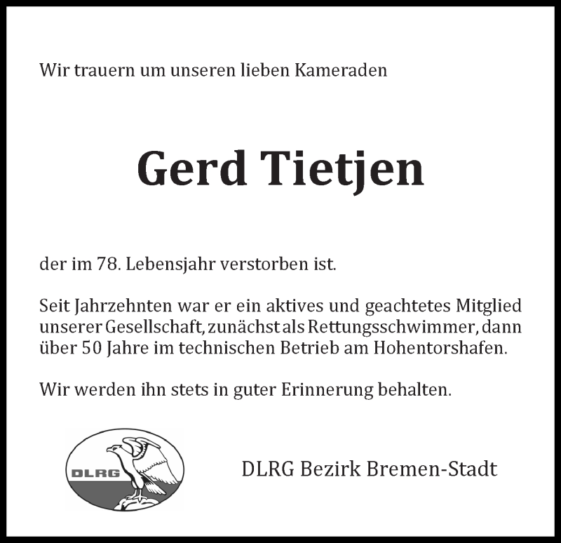 Traueranzeige von Gerd Tietjen von WESER-KURIER