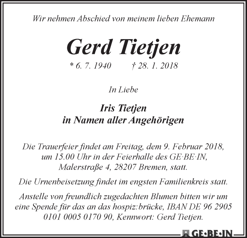 Traueranzeige von Gerd Tietjen von WESER-KURIER