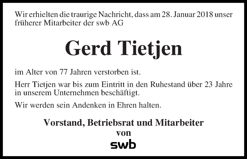 Traueranzeige von Gerd Tietjen von WESER-KURIER