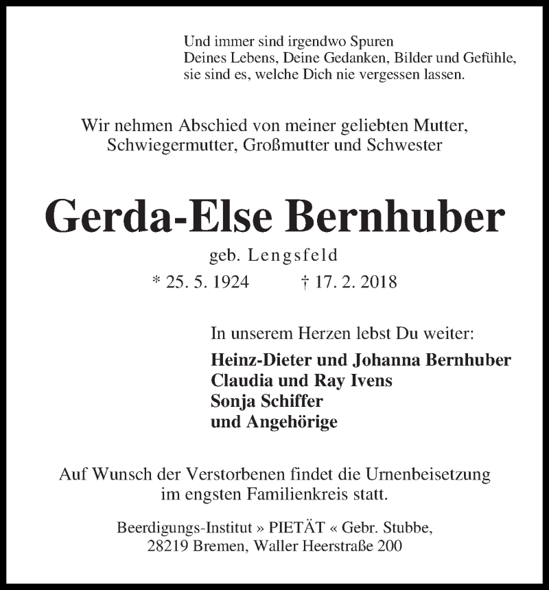 Traueranzeige von Gerda-Else Bernhuber von WESER-KURIER