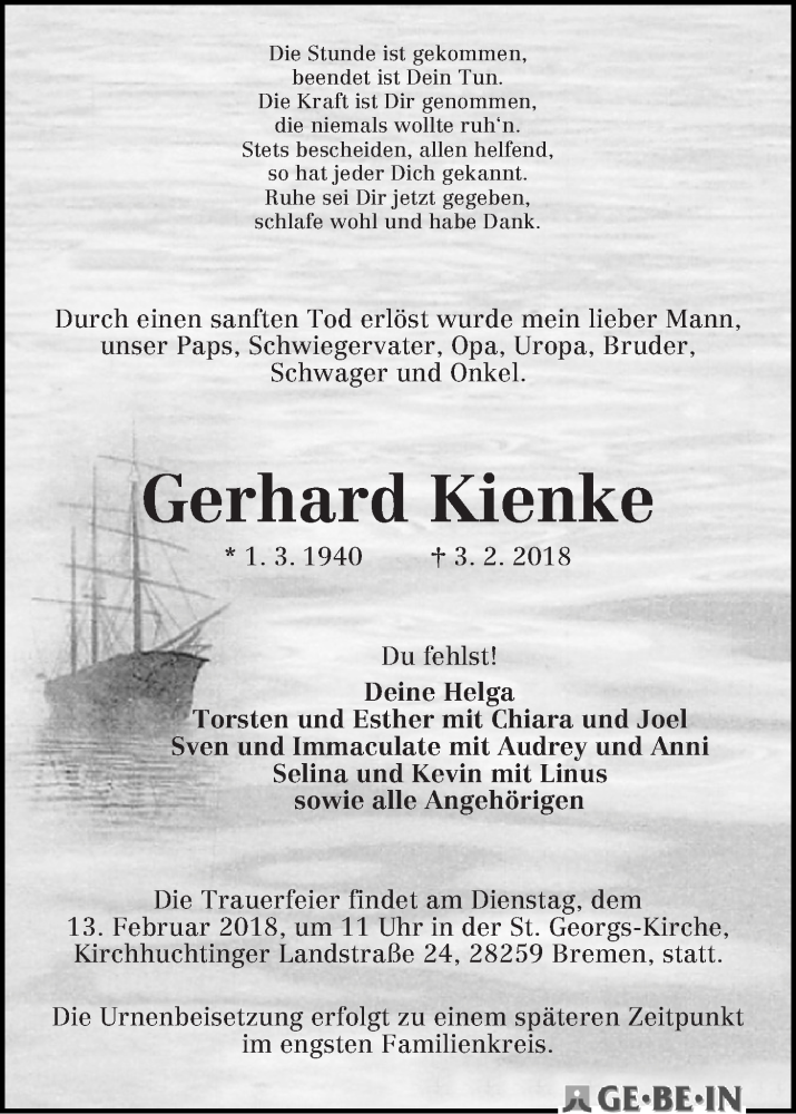 Traueranzeige von Gerhard Kienke von WESER-KURIER