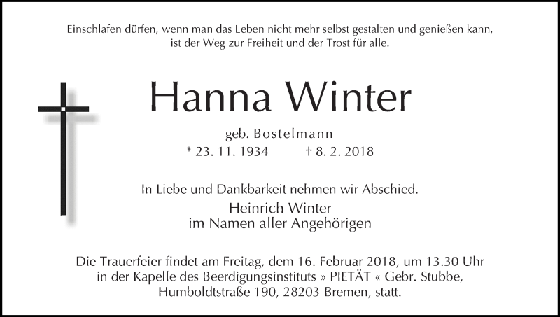 Traueranzeige von Hanna Winter von WESER-KURIER