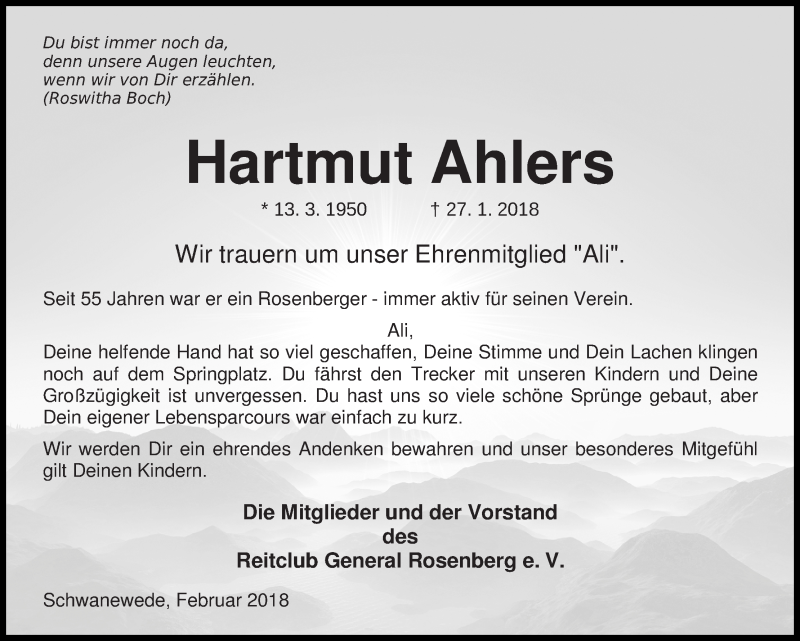 Traueranzeige von Hartmut Ahlers von WESER-KURIER