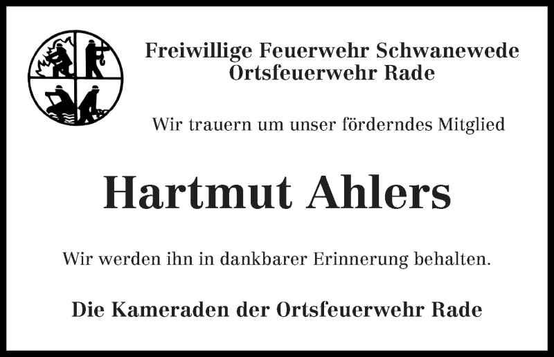 Traueranzeige von Hartmut Ahlers von Die Norddeutsche