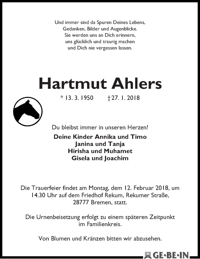 Traueranzeige von Hartmut Ahlers von WESER-KURIER