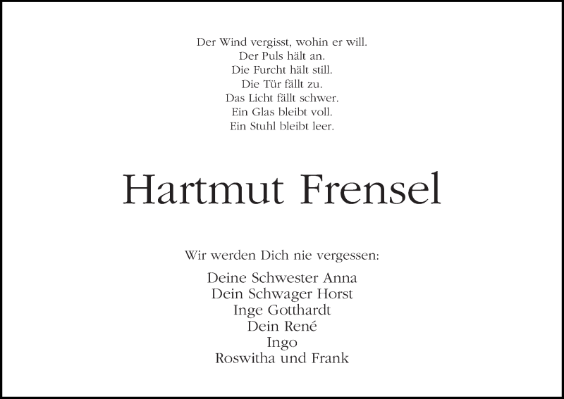 Traueranzeige von Hartmut Frensel von WESER-KURIER
