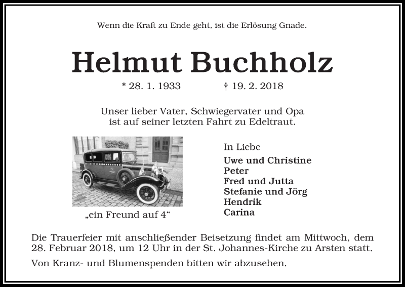 Traueranzeige von Helmut Buchholz von WESER-KURIER