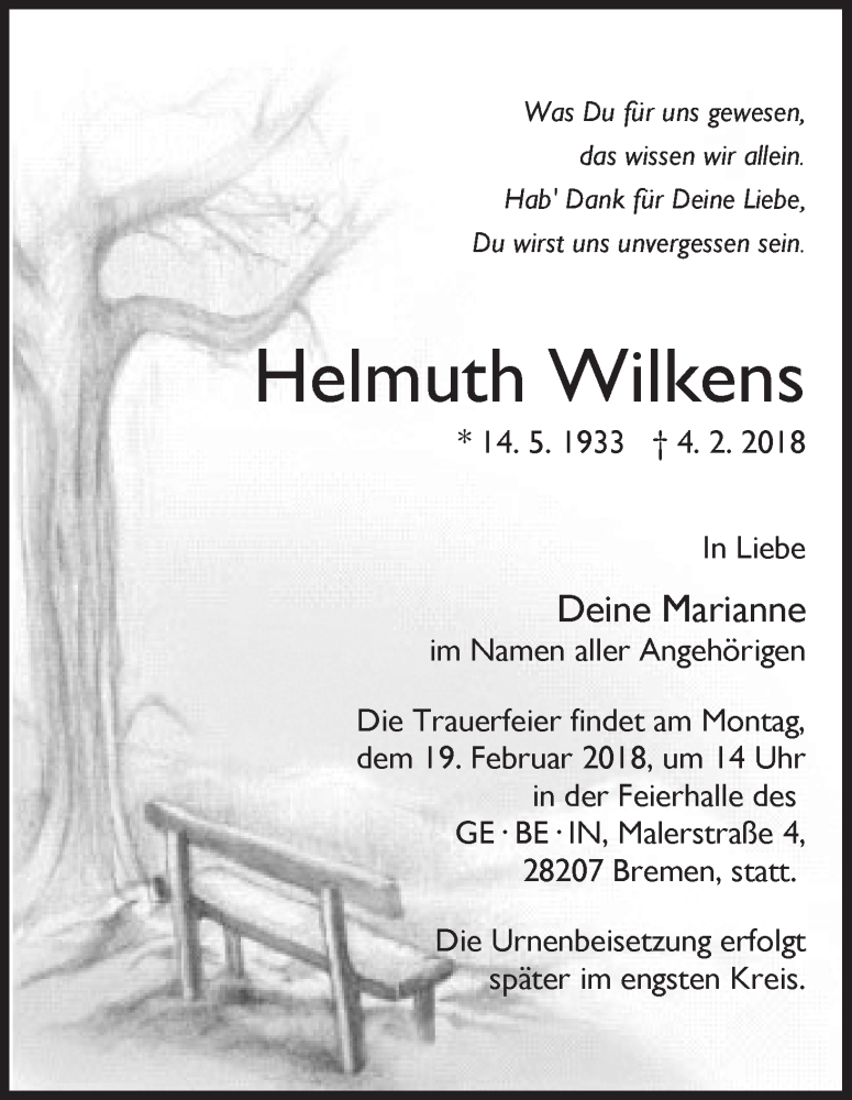 Traueranzeige von Helmuth Wilkens von WESER-KURIER