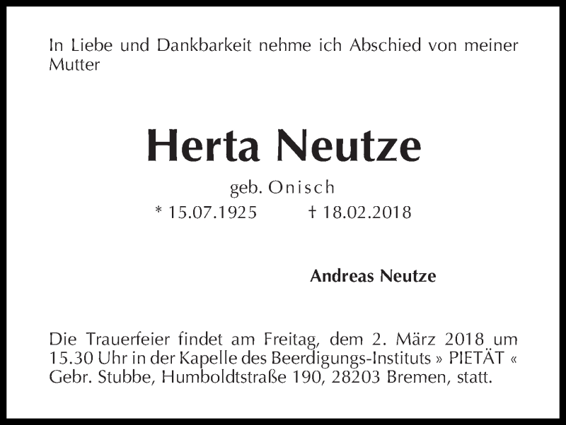 Traueranzeige von Herta Neutze von WESER-KURIER