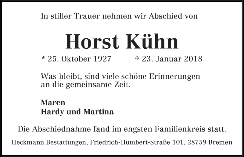 Traueranzeige von Horst Kühn von WESER-KURIER