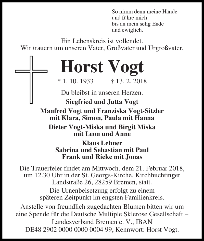 Traueranzeige von Horst Vogt von WESER-KURIER