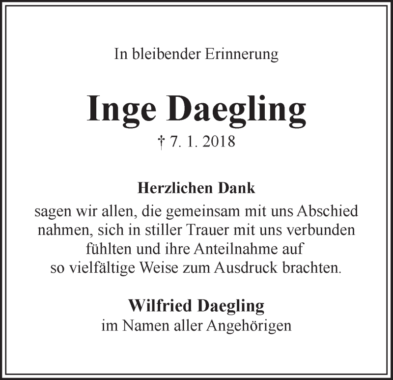 Traueranzeige von Inge Daegling von WESER-KURIER