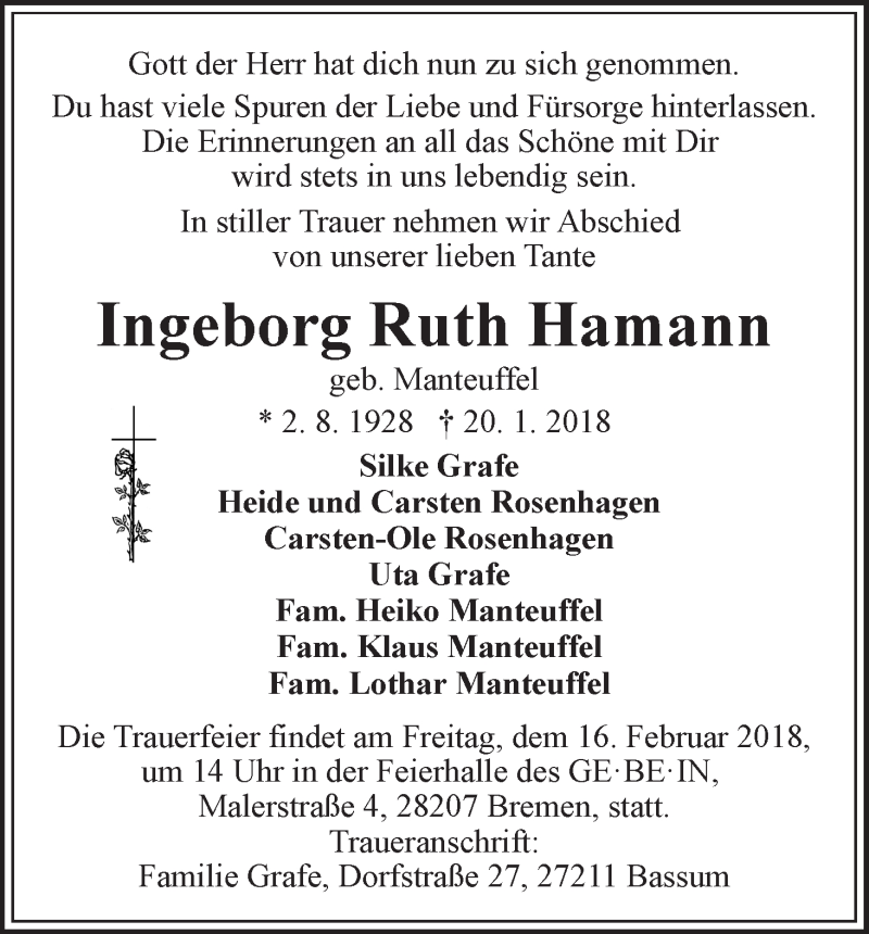 Traueranzeige von Ingeborg Ruth Hamann von WESER-KURIER