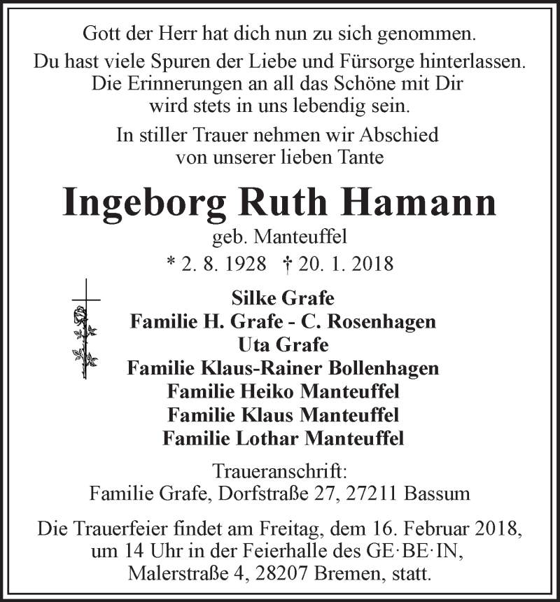 Traueranzeige von Ingeborg Ruth Hamann von WESER-KURIER