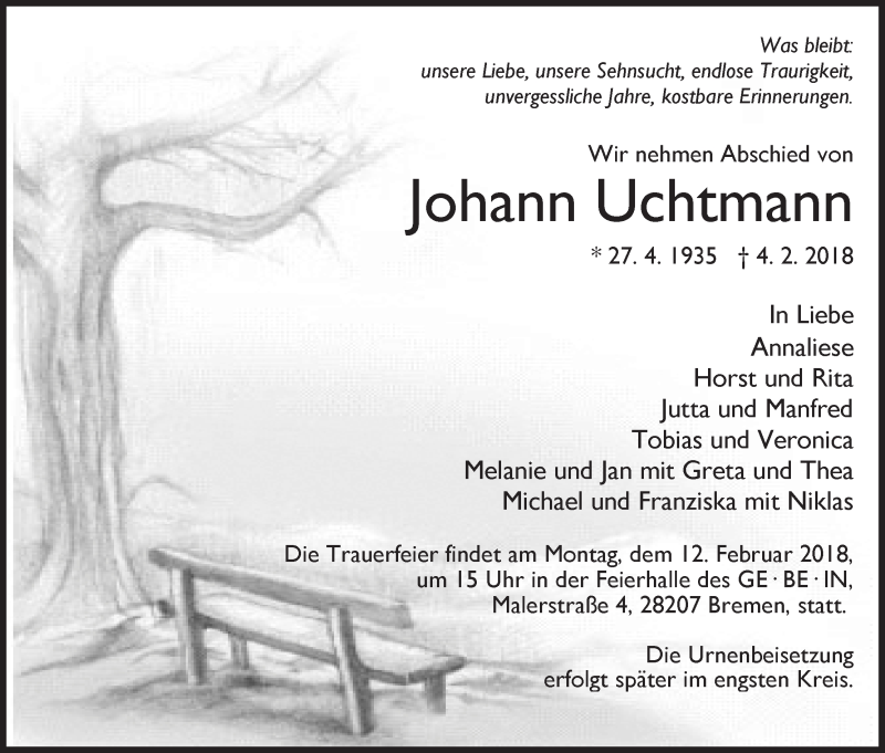 Traueranzeige von Johann Uchtmann von WESER-KURIER