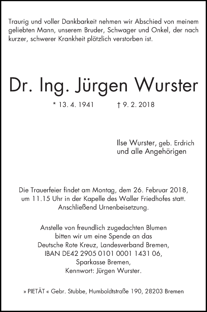 Traueranzeige von Jürgen Wurster von WESER-KURIER