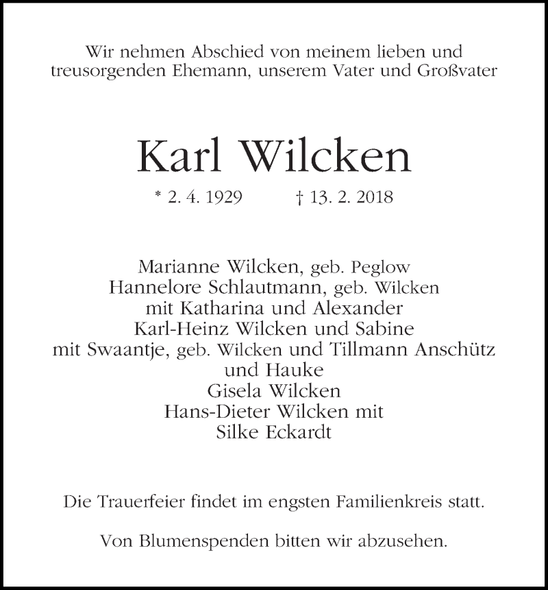 Traueranzeige von Karl Wilcken von WESER-KURIER