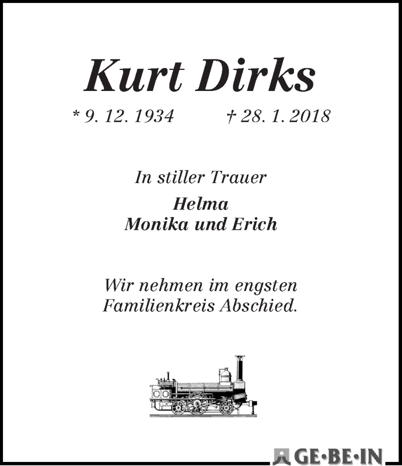 Traueranzeige von Kurt Dirks von WESER-KURIER