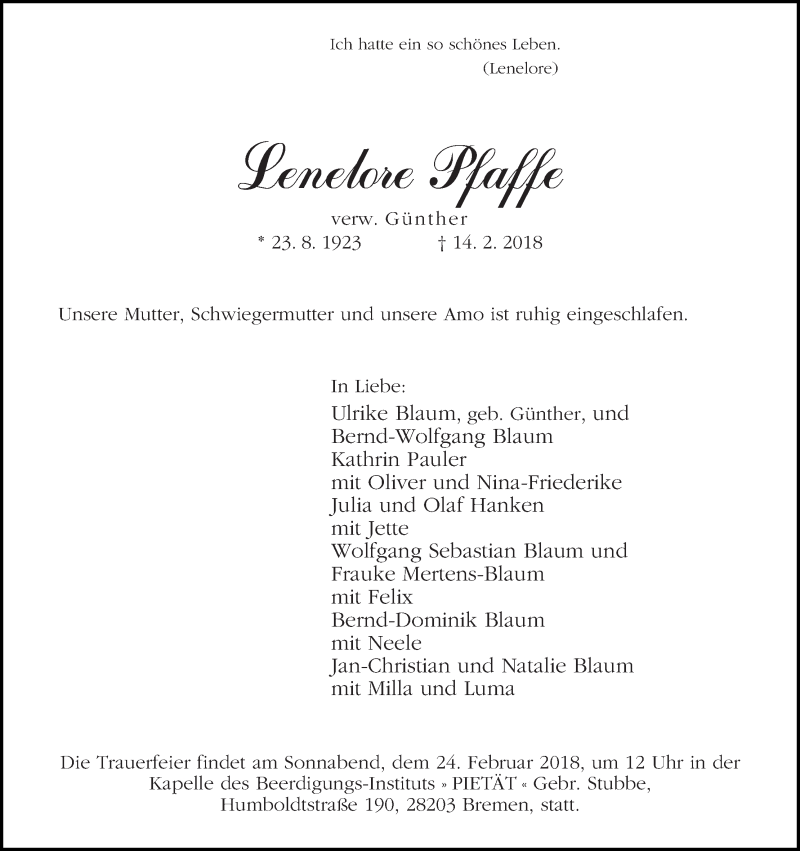 Traueranzeige von Lenelore Pfaffe von WESER-KURIER