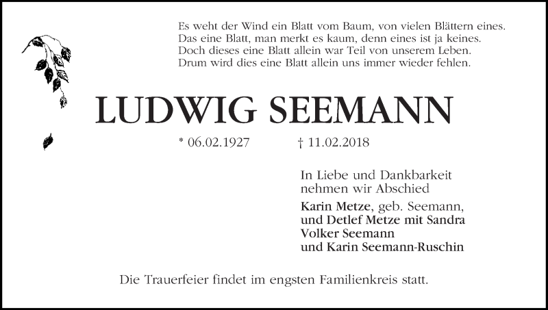 Traueranzeige von Ludwig Seemann von Die Norddeutsche