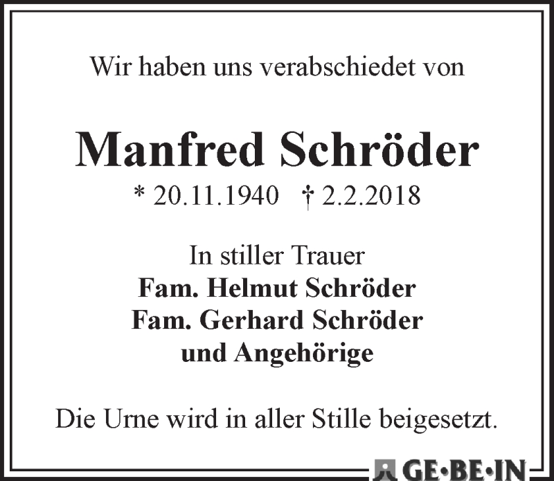 Traueranzeige von Manfred Schröder von WESER-KURIER
