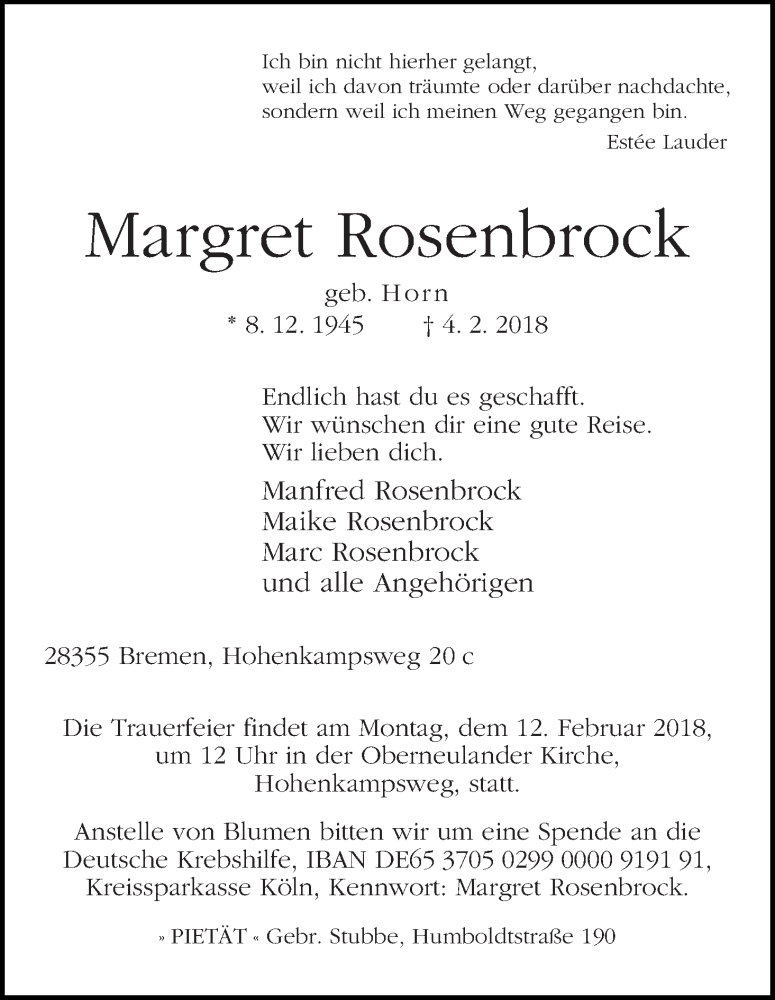 Traueranzeige von Margret Rosenbrock von WESER-KURIER