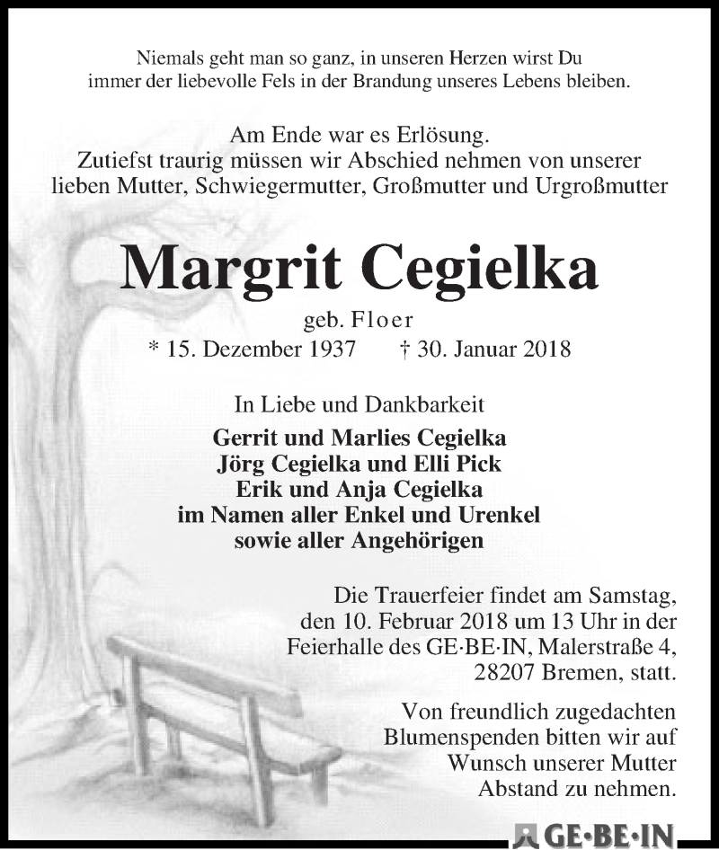Traueranzeige von Margrit Cegielka von WESER-KURIER