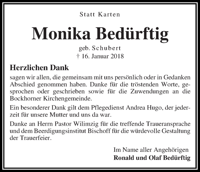 Traueranzeige von Monika Bedürftig von Die Norddeutsche