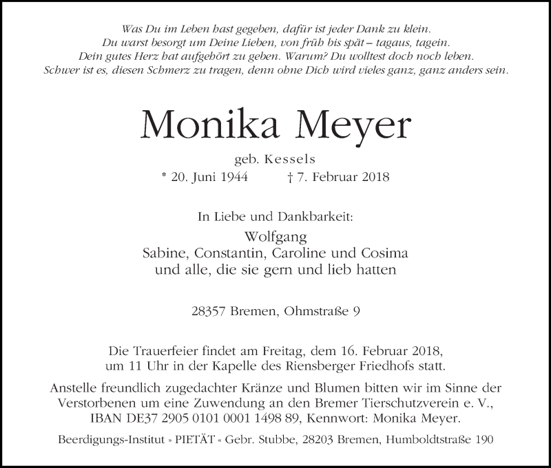 Traueranzeige von Monika Meyer von WESER-KURIER