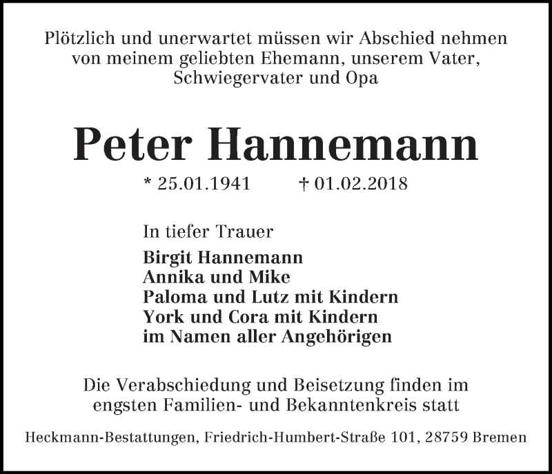Traueranzeige von Peter Hannemann von Die Norddeutsche