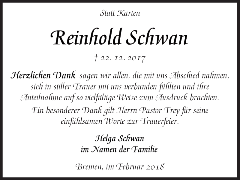 Traueranzeige von Reinhold Schwan von WESER-KURIER