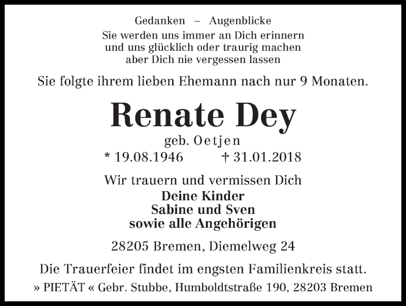 Traueranzeige von Renate Dey von WESER-KURIER