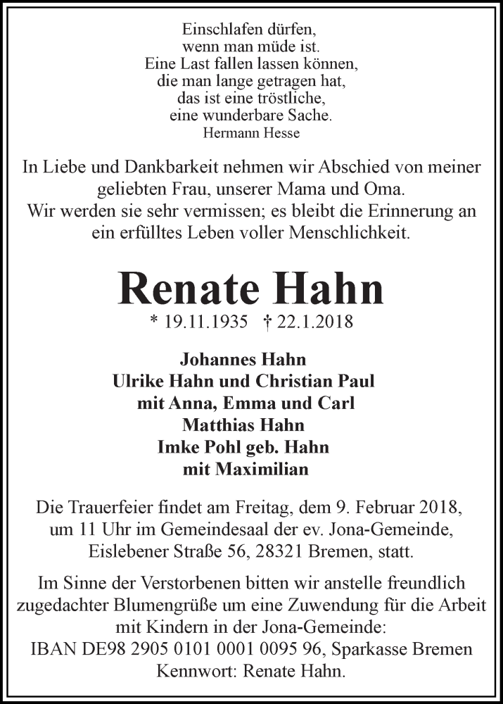Traueranzeige von Renate Hahn von WESER-KURIER