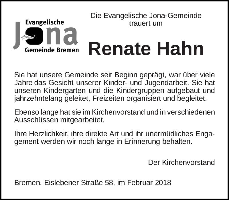 Traueranzeige von Renate Hahn von WESER-KURIER