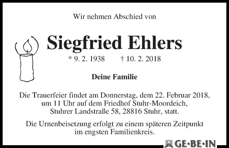 Traueranzeige von Siegfried Ehlers von WESER-KURIER