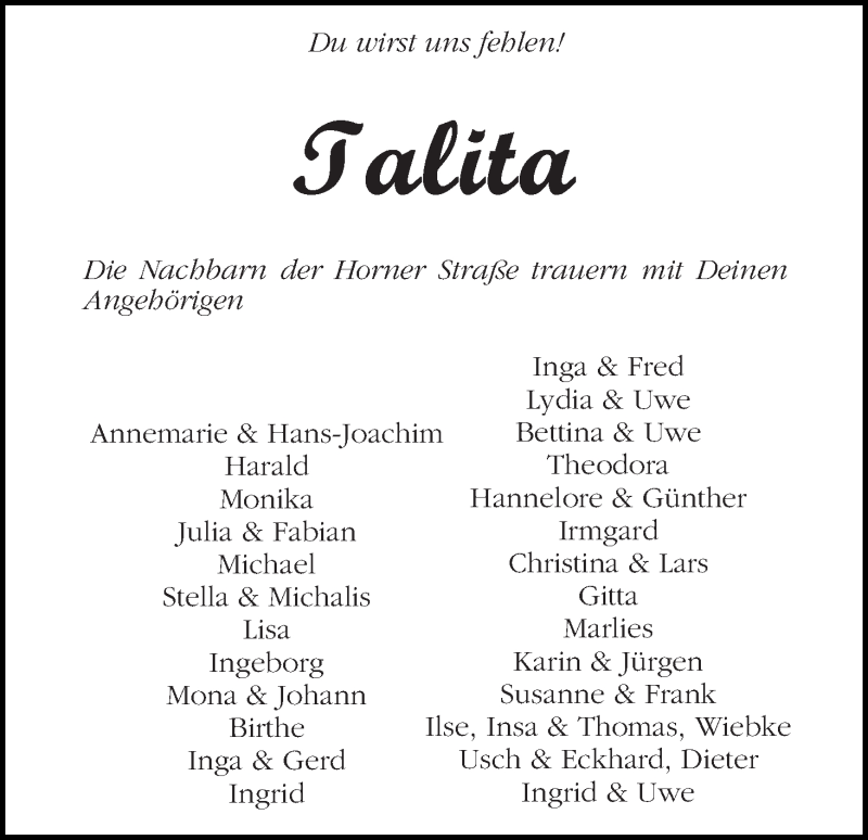 Traueranzeige von Talita Elisabeth Hartog von WESER-KURIER