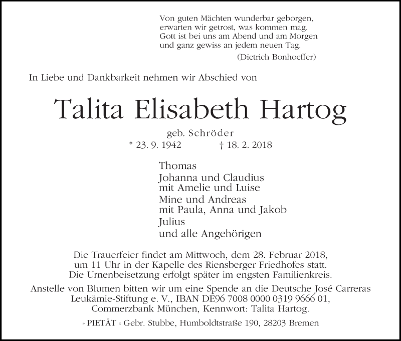Traueranzeige von Talita Elisabeth Hartog von WESER-KURIER