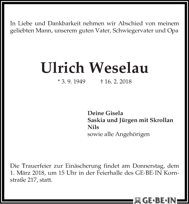 Traueranzeige von Ulrich Weselau von WESER-KURIER