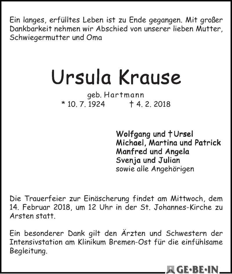 Traueranzeige von Ursula Krause von WESER-KURIER