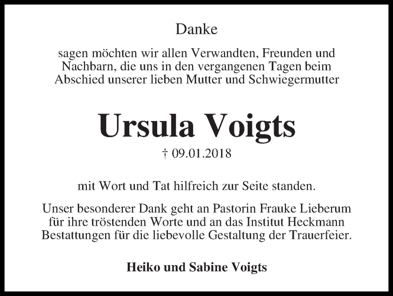 Traueranzeige von Ursula Voigts von WESER-KURIER