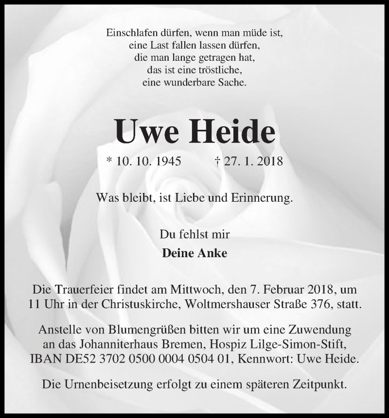 Traueranzeige von Uwe Heide von WESER-KURIER