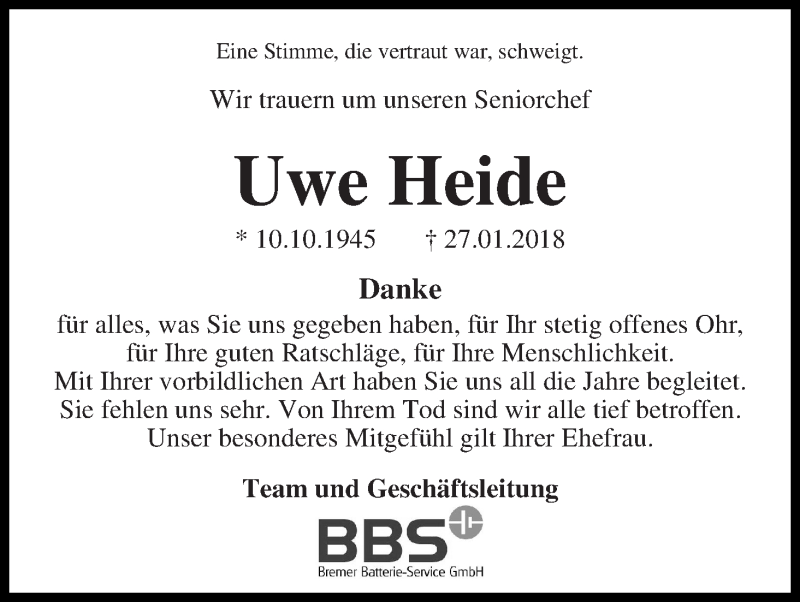 Traueranzeige von Uwe Heide von WESER-KURIER