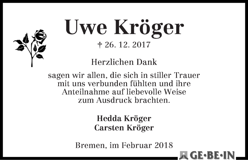 Traueranzeige von Uwe Kröger von WESER-KURIER