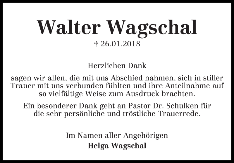 Traueranzeige von Walter Wagschal von WESER-KURIER