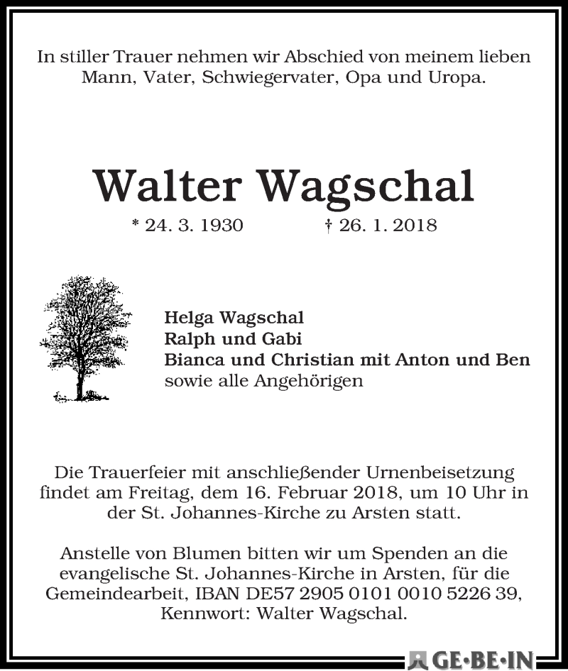 Traueranzeige von Walter Wagschal von WESER-KURIER