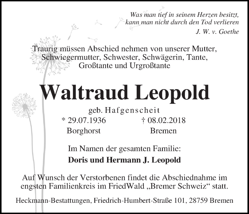 Traueranzeige von Waltraud Leopold von WESER-KURIER